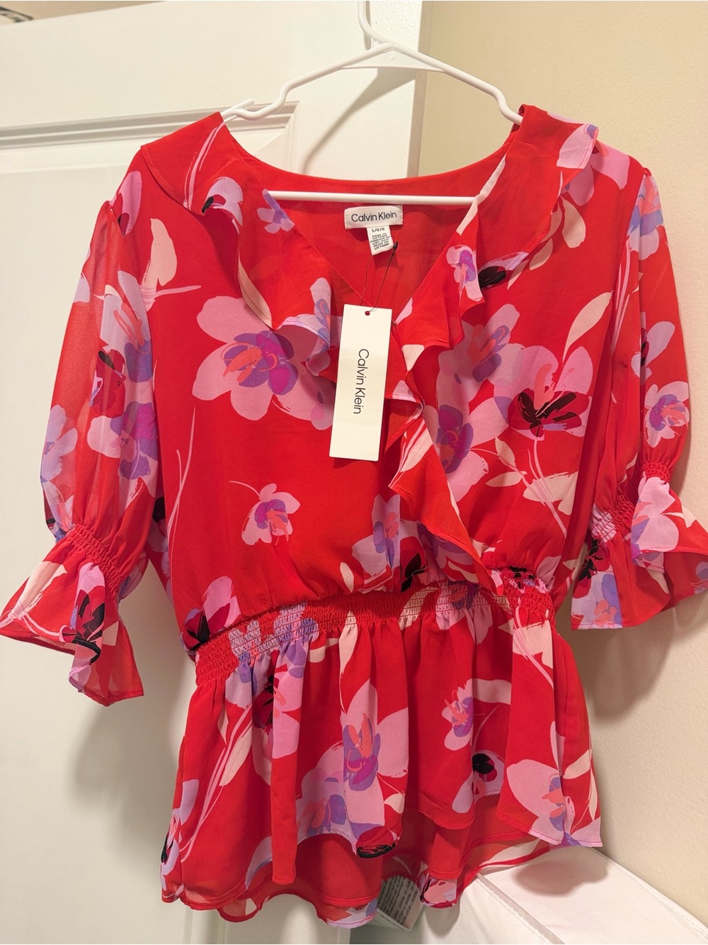 Calvin Klein Red Floral Ruffle Peplum Top Dress
